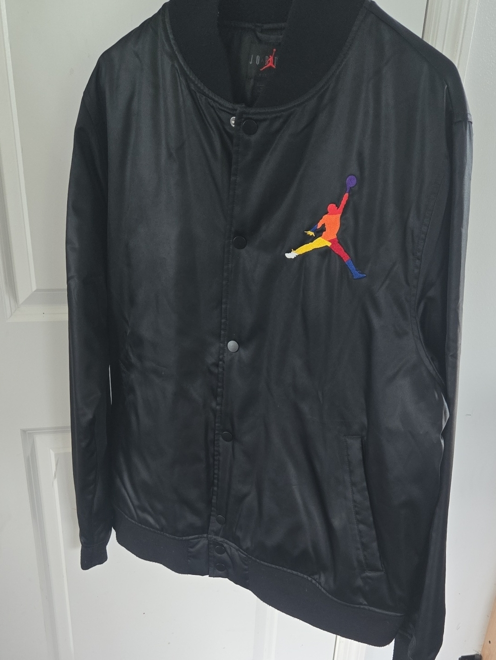 Jordan Black Satin Bomber Jacket with Multicolor Jumpman